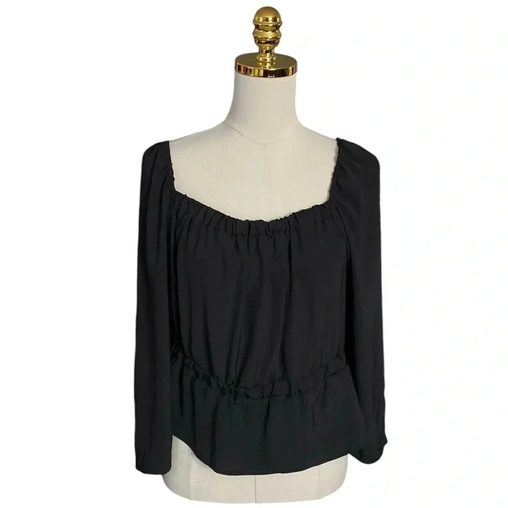7 FOR ALL MANKIND Black Puff Sleeve Square Neckline Peplum Satin Blouse Size XL